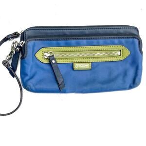 Y2K Coach Blue Green Leather Mini Bag Wristlet Clutch w/ Silver Hardware 2000s